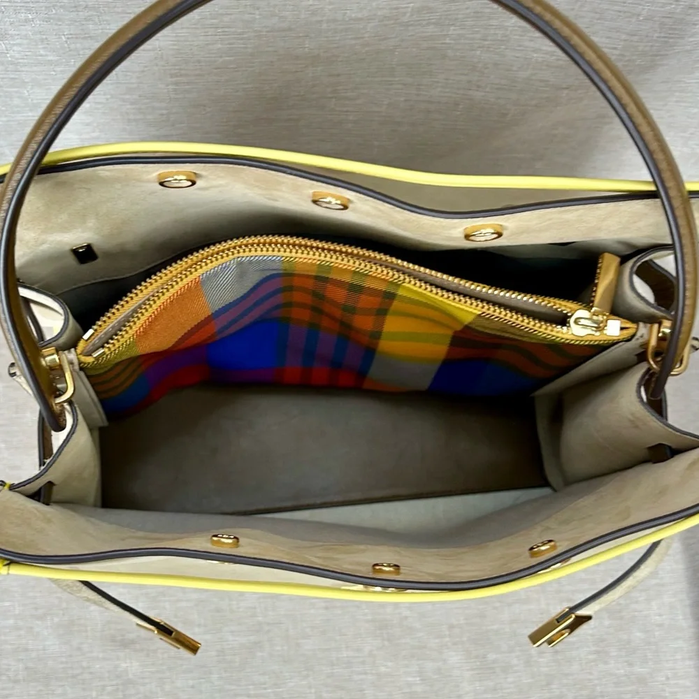 Tory Burch Large Lee Radziwill Beige and Yellow Patent Raincoat Satchel